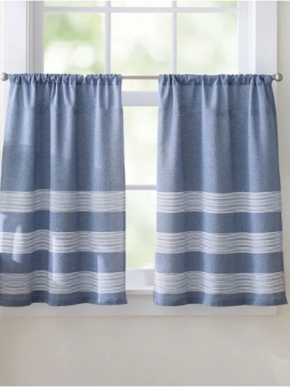 Set of 2 Denim Yarn Dye Blue Tailored Tier Pairs of Curtains